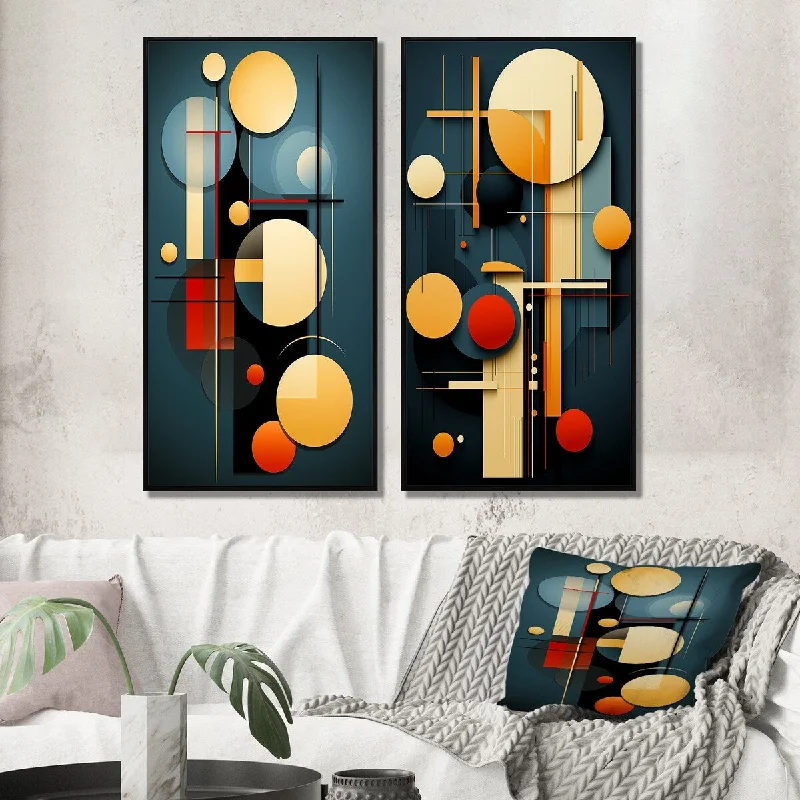 classic art decorative paintings-Designart "Retro Bliss Abstract Circular Geometrics VI" Modern Geometric Framed Wall Art Gallery Set For Office Decor