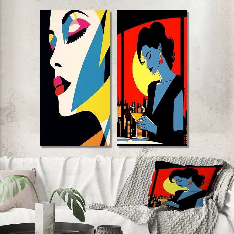 coastal theme decorative paintings-Designart "Retro Woman Portrait Pop art VI" Woman Pop Art Wall Art Set of 2 - Glam Wall Art For Bedroom