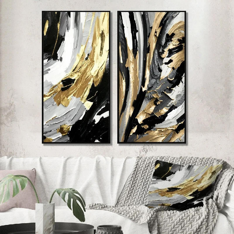 colorful decorative paintings-Designart "Rhythm Of Pleasure Abstract Black And Gold IV" Abstract Painting Framed Wall Art Gallery Wall Set Of 2