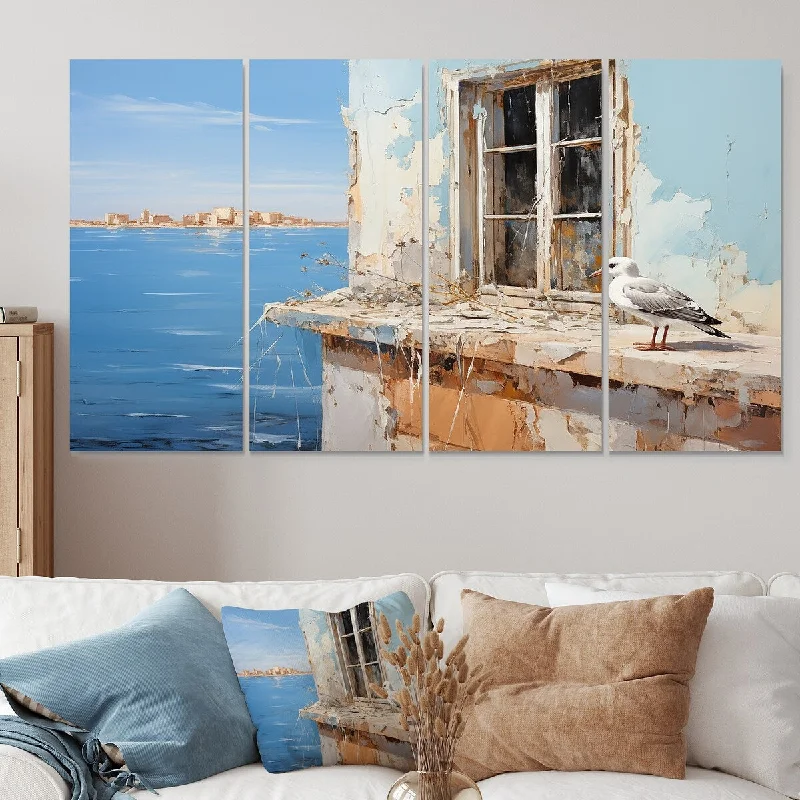 landscape nature decorative paintings-Designart "Seagulls Perch Horizon II" Coastal Windows Extra Large Canvas Set Of 4 - Oversized Coastal Wall Art