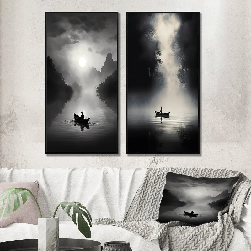 modern cityscape decorative paintings-Designart "Solitary Fisher Boat Misty Lake Black White III" Boat Wall Art Décor - Modern Set Of 2 For Living Room Decor