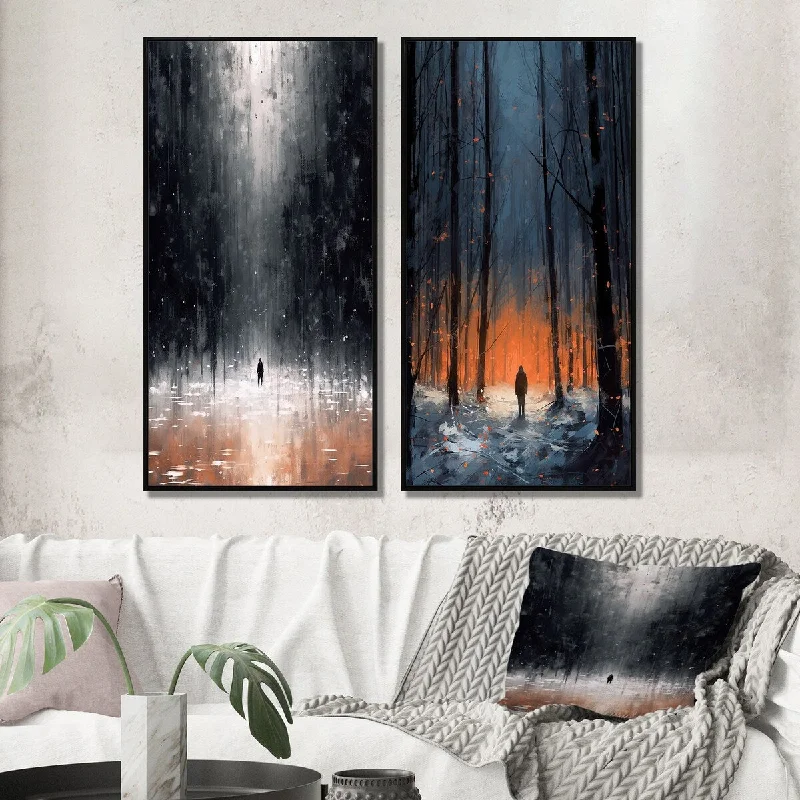 nature-themed decorative paintings-Designart "Solitude Midnight Wandering The Endless Forest II" Forest Framed Wall Art Set Of 2 Wall Art Set Of 2