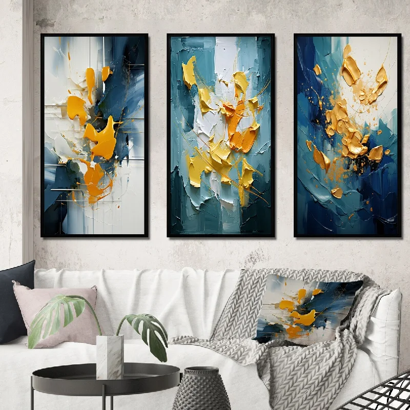 playful decorative wall paintings-Designart "Spring Bliss Abstract Turquoise And Yellow III" Abstract Painting Frame Gallery Wall Set Of 3 For Home Decor