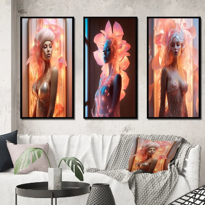 modern nature decorative paintings-Designart "Subtle Sensuality Pink Cabaret Dancer I" Fashion Woman Framed Wall Art Set Of 3 - Glam For Office Decor