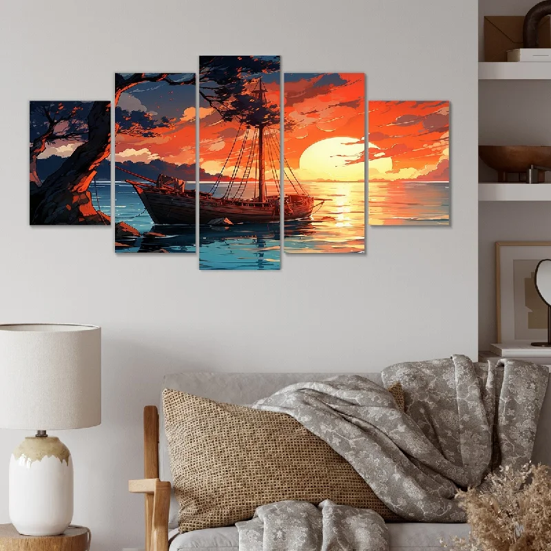 painted geometric decorative paintings-Designart "Sunset On 1000 Islands River In Canada II" Coastal Sunset Set Of 5 Oversized Canvas Wall Art For Entryway