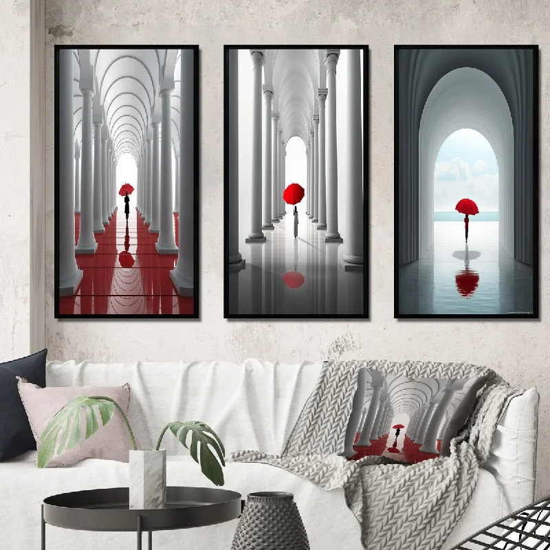 contemporary animal art paintings-Designart "The Red Umbrella Minimal Architecture III" Abstract Landscape Frame Gallery Set Of 3 For Office Decor