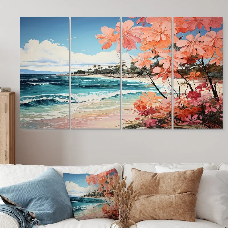 black and red decorative paintings-Designart "Tropical Beach Escape IV" Coastal Tropical Canvas Set Of 4 - Oversized Coastal Art For Bedroom Decor