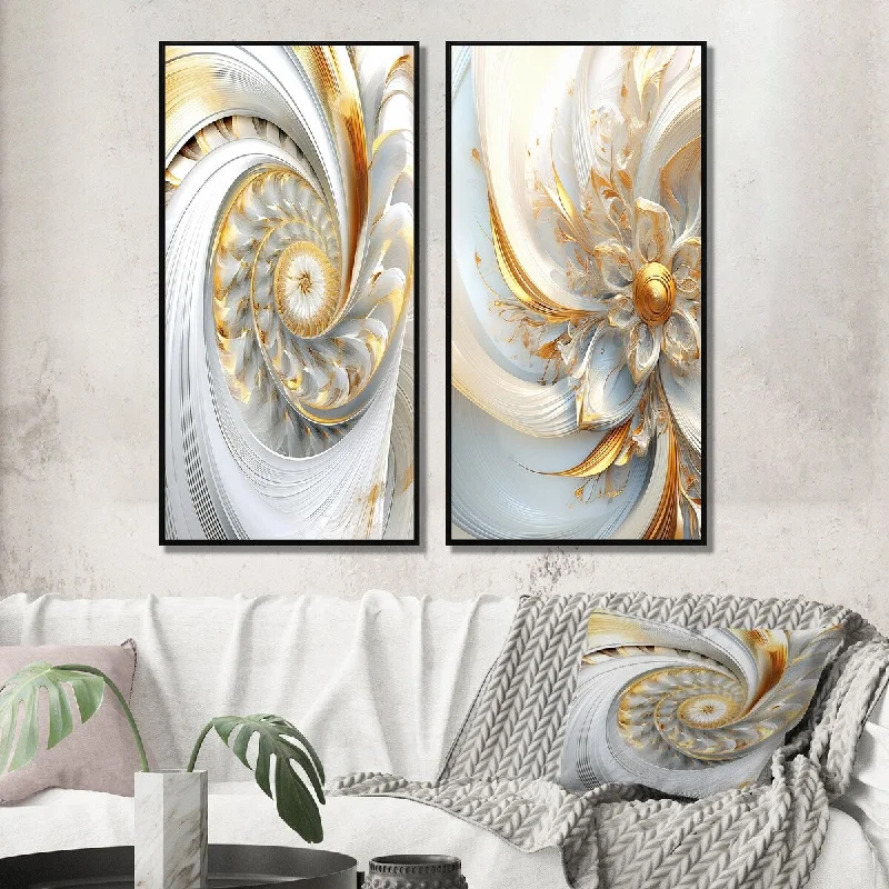 seasonal nature decorative paintings-Designart "Whirling While Glam Fractals In Gold And White IV" Fractals Framed Gallery Wall Set For Home Decor