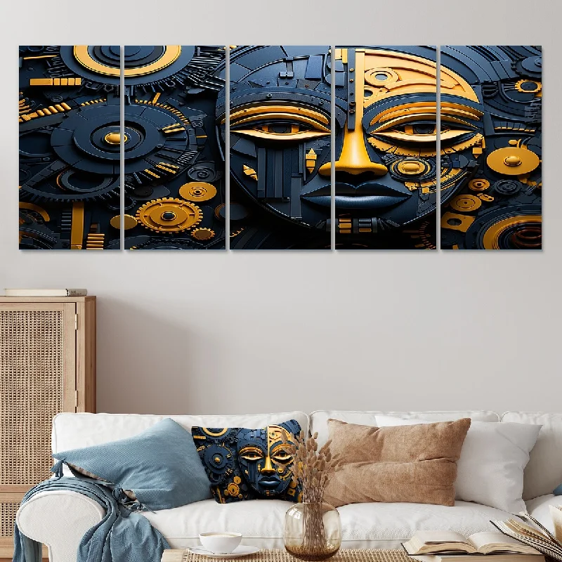 abstract wall decorative paintings-Designart "Yellow And Blue African Kuba Patterns Mask" African Mask Set Of 5 Global Oversized Wall Art Decor For Hallway