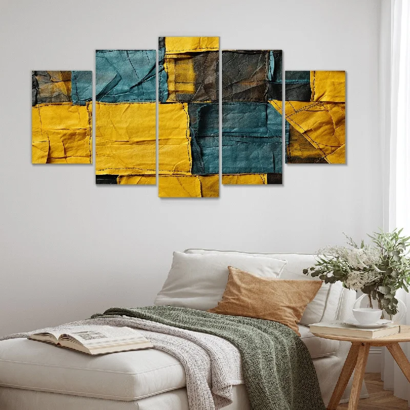 decorative large framed paintings-Designart "Yellow And Green Abstract Cube Echoes" Abstract Collages Set Of 5 Oversized Canvas Art For Bedroom Decor