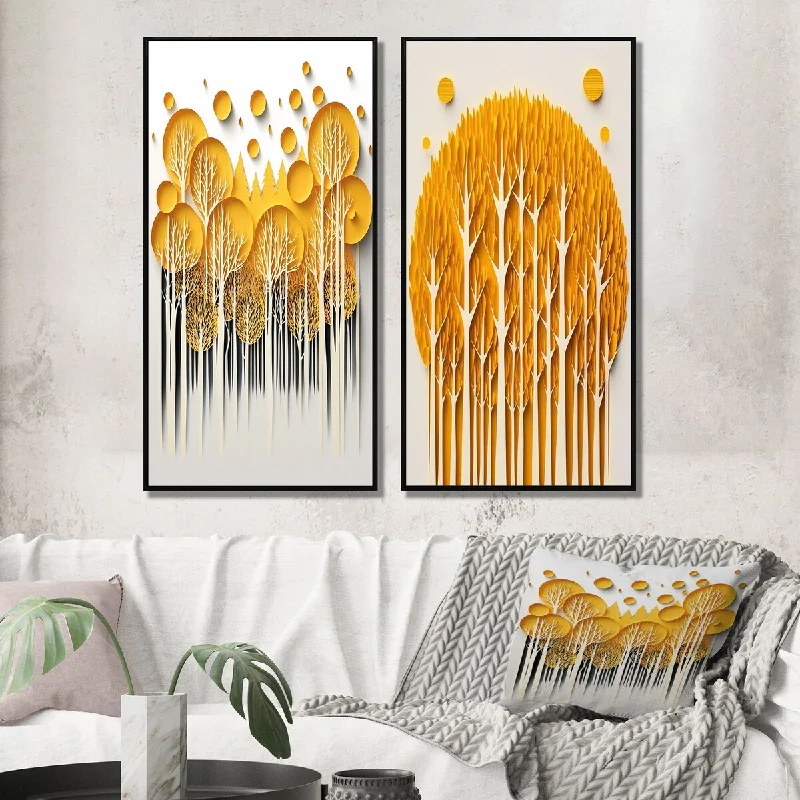 neutral-colored decorative paintings-Designart "Yellow Trees In The Forest Quill Minimalism III" Landscape Trees Framed Wall Art Set Of 2 Wall Art Set Of 2