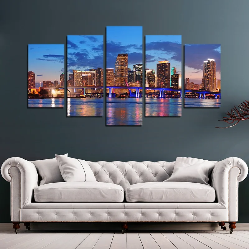 decorative geometric wall art-Miami Night Skyline Canvas Set