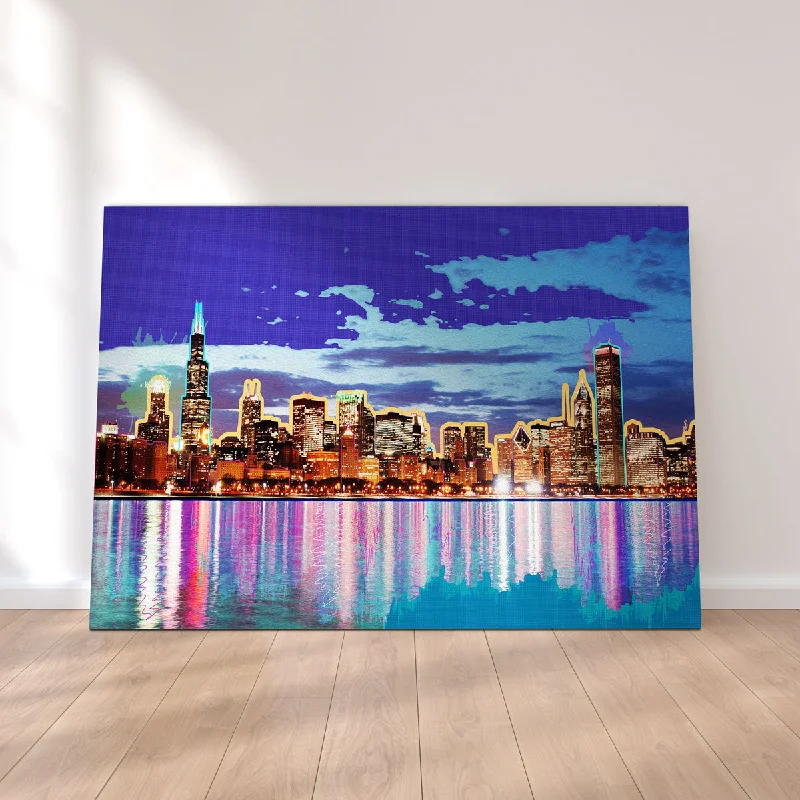 oceanic decorative paintings-Neon Chicago Skyline Canvas Set