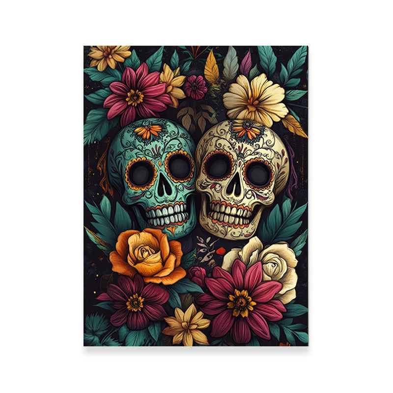 decorative landscape paintings-Sugar Skulls with Vibrant Flowers