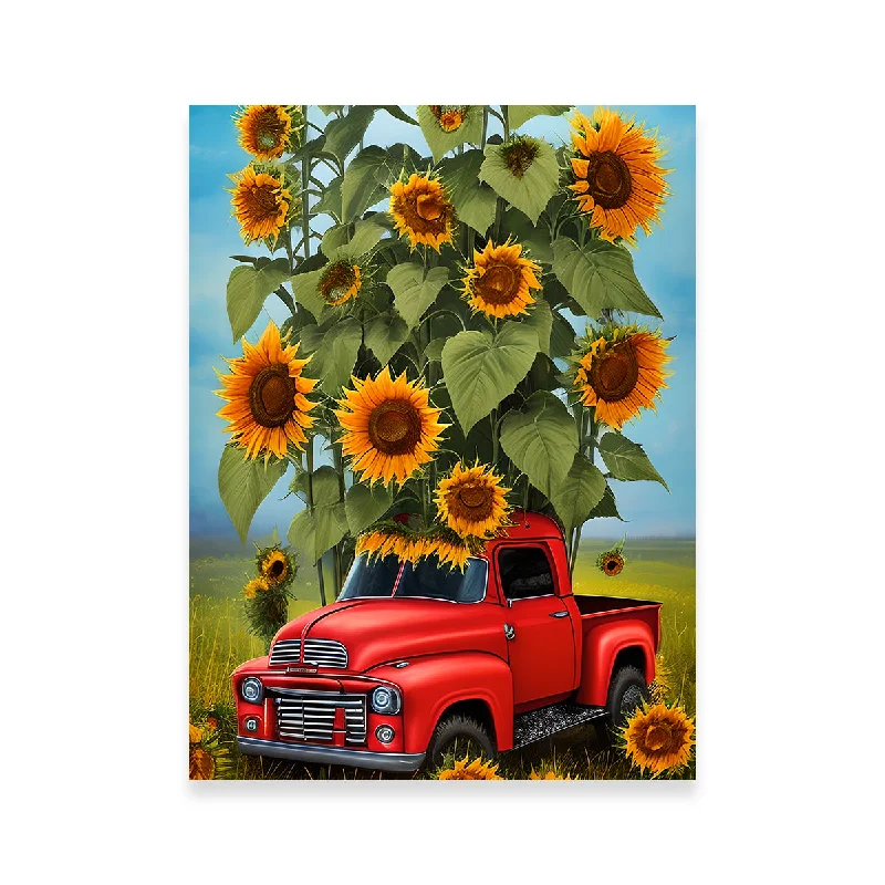 dark-colored decorative paintings-Sunflower Red Truck