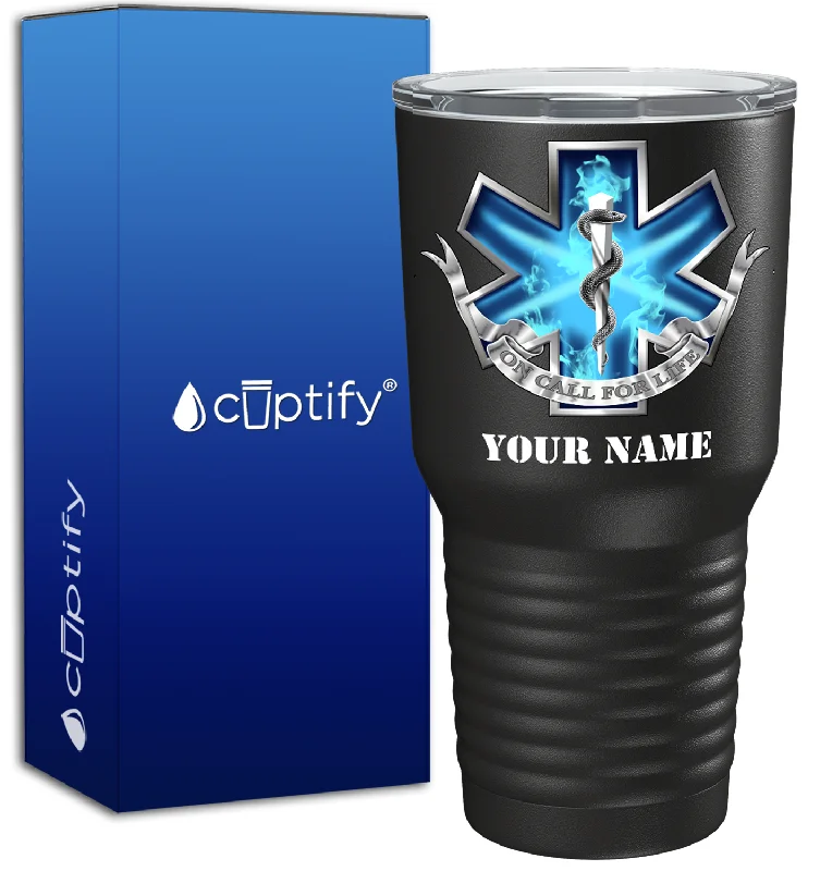 novelty tea cups for gifts -Personalized Blue On Call for Life on 30oz Black Paramedic Tumbler