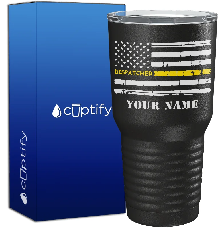 novelty tea cups -Personalized Distressed Dispatcher Thin Gold Line Flag on Black 30oz Dispatcher Tumbler