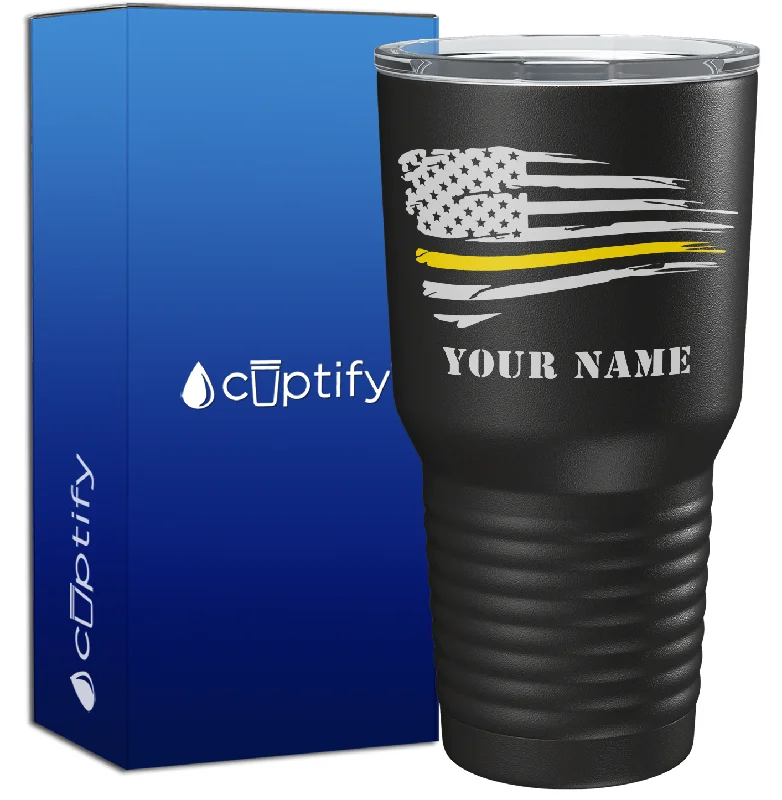 travel mugs with personal design -Personalized Flying Dispatcher Thin Gold Line Flag on Black 30oz Dispatcher Tumbler